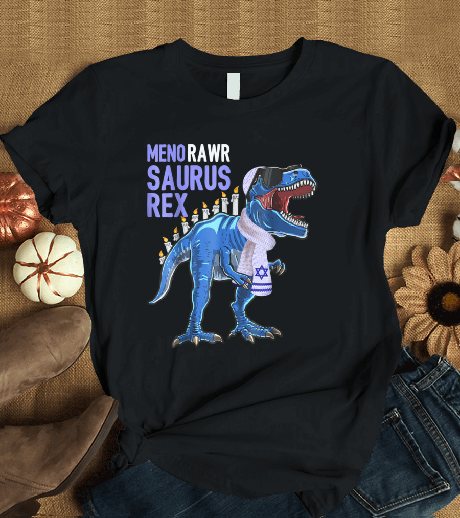 Menorawrsaurus Rex Dinosaur Hanukkah Candles and Scarf T-Shirt