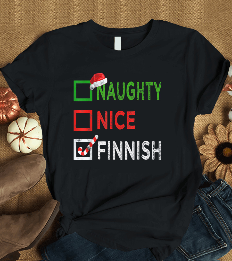 Naughty Nice Finnish Funny Christmas Santa Pajamas Checkerboard T-Shirt