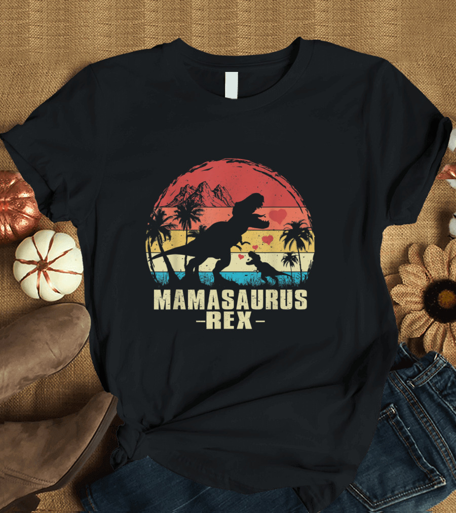 Mamasaurus Rex Dinosaur Silhouette with Sunset and Palm Trees T-Shirt