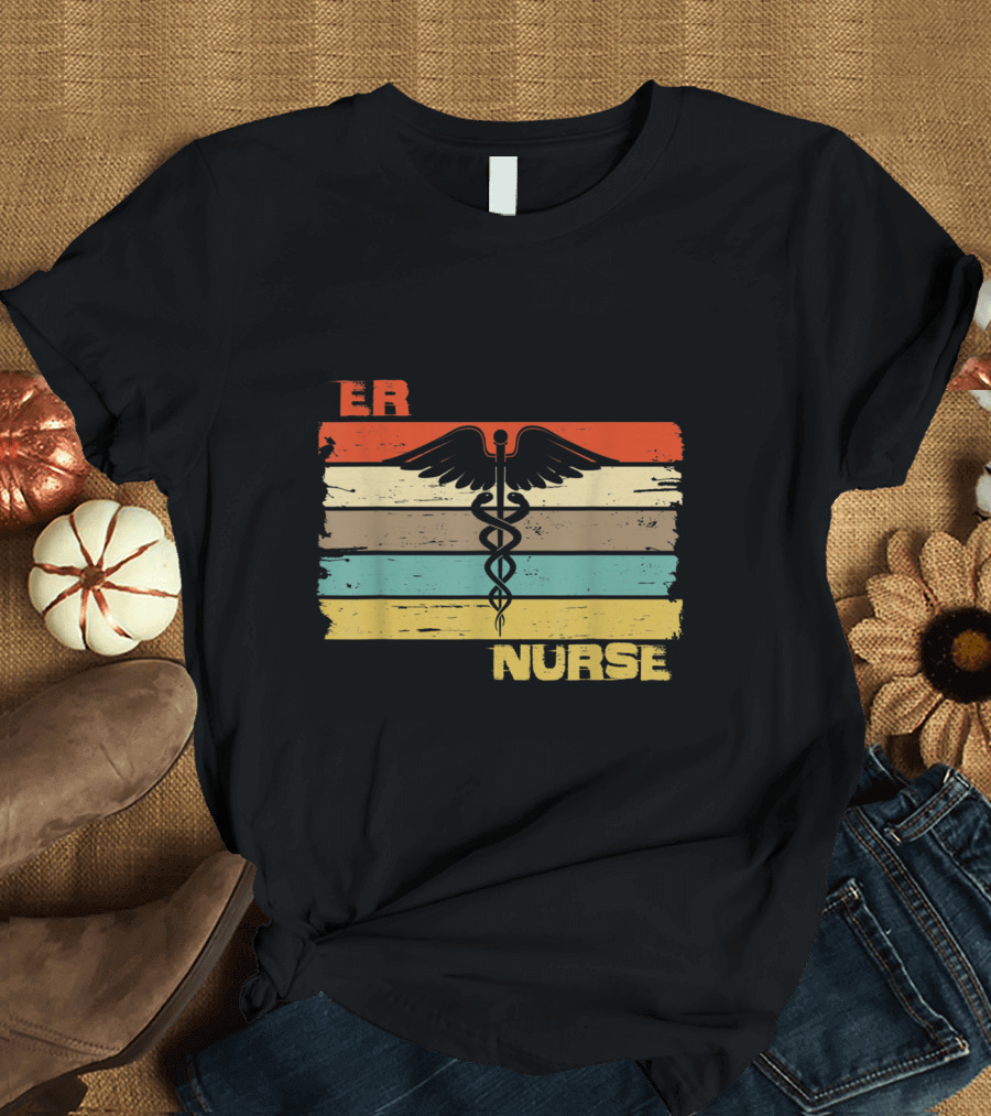 ER Nurse Caduceus Emblem Retro Vintage Stripe T-Shirt