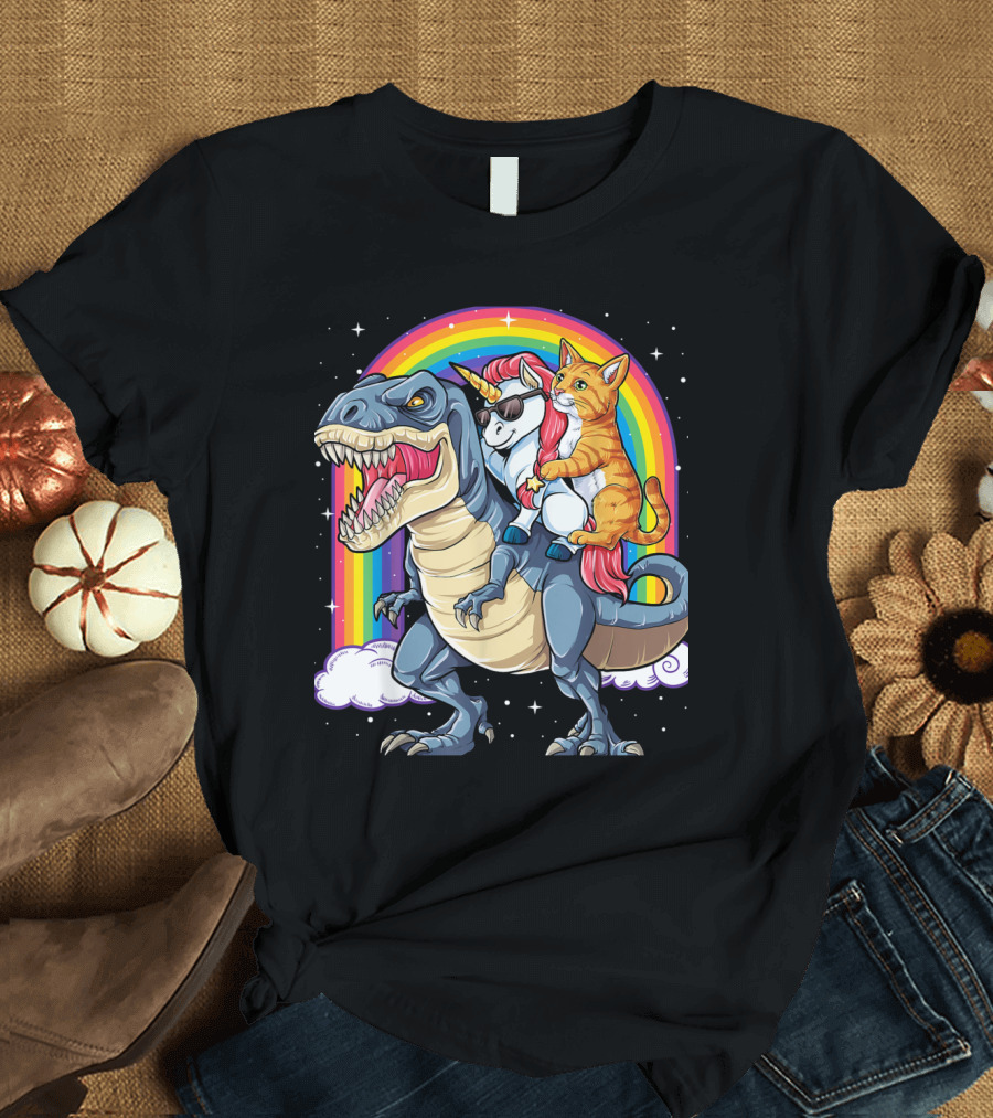 Unicorn Cat and T-Rex Adventure in Space Galaxy with Rainbow T-Shirt