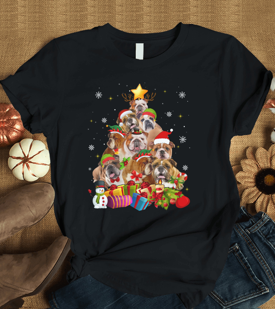Funny English Bulldog Christmas Gifts Snowman Star Hat T-Shirt