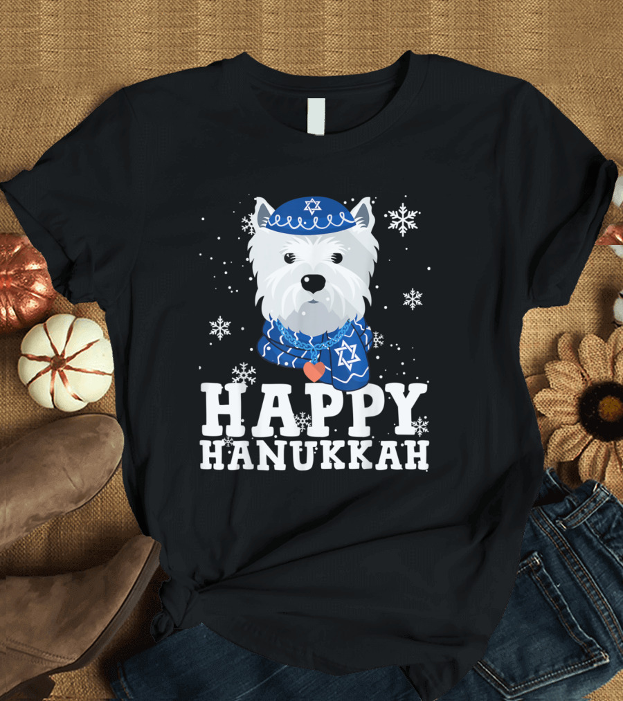 Happy Hanukkah West Highland White Terrier Dog with Snowflakes and Star of David T-Shirt
