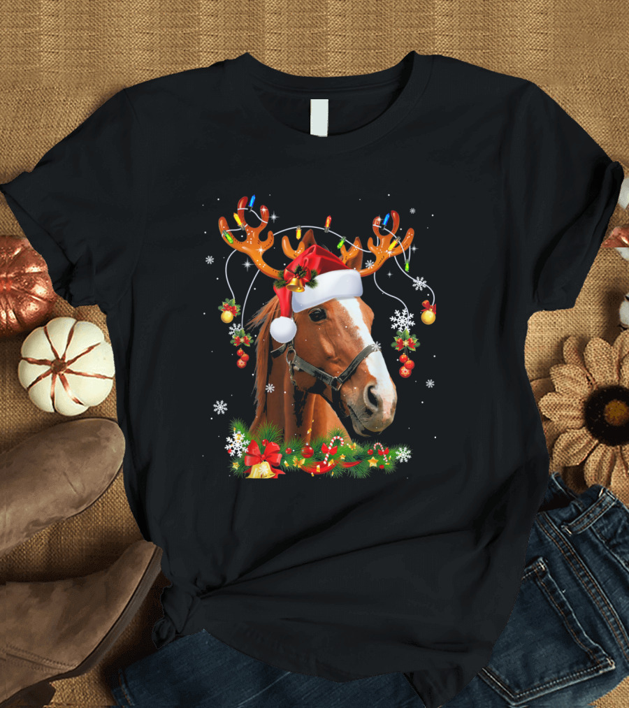 Funny Horse with Christmas Santa Hat Reindeer Antlers and Lights T-Shirt