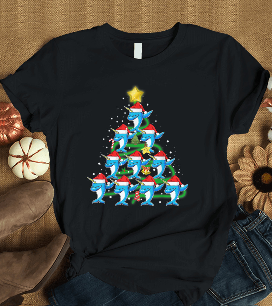 Narwhal Christmas Tree Santa Hat Ornament Light Star Funny T-Shirt