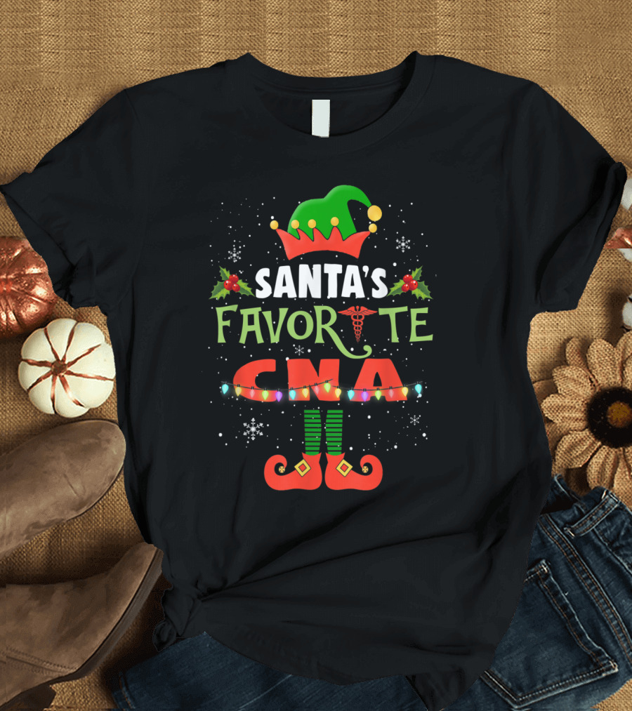 Santa's Favorite CNA Christmas Light Elf Hat Holly Candy Cane Snowflakes T-Shirt