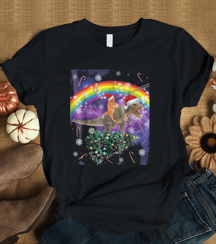 Christmas Kitty Riding T-Rex in Space with Rainbow and Candy Canes T-Shirt