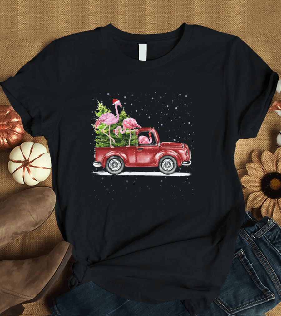 Christmas Flamingo Trio Riding Red Truck with Santa Hats and Xmas Tree T-Shirt