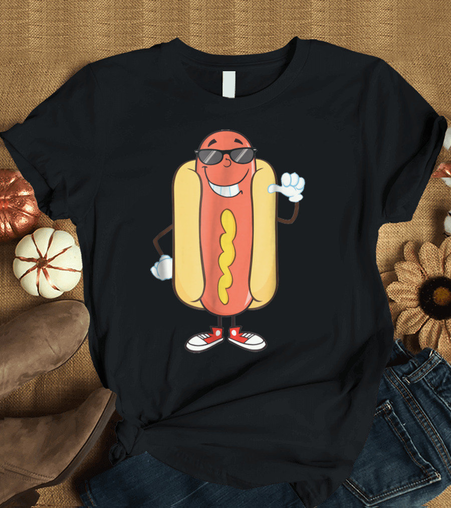 Dancing Hotdog with Sunglasses and Sneakers Funny Food T-Shirt
