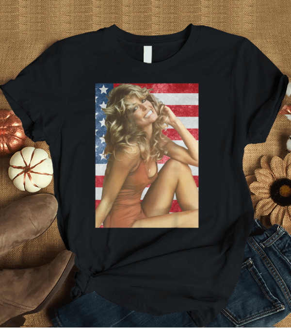 T-Shirt: Farrah Fawcett Red Bathing Suit American Flag Background T-Shirt Farrah Fawcett Red Bathing Suit American Flag Background T-Shirt