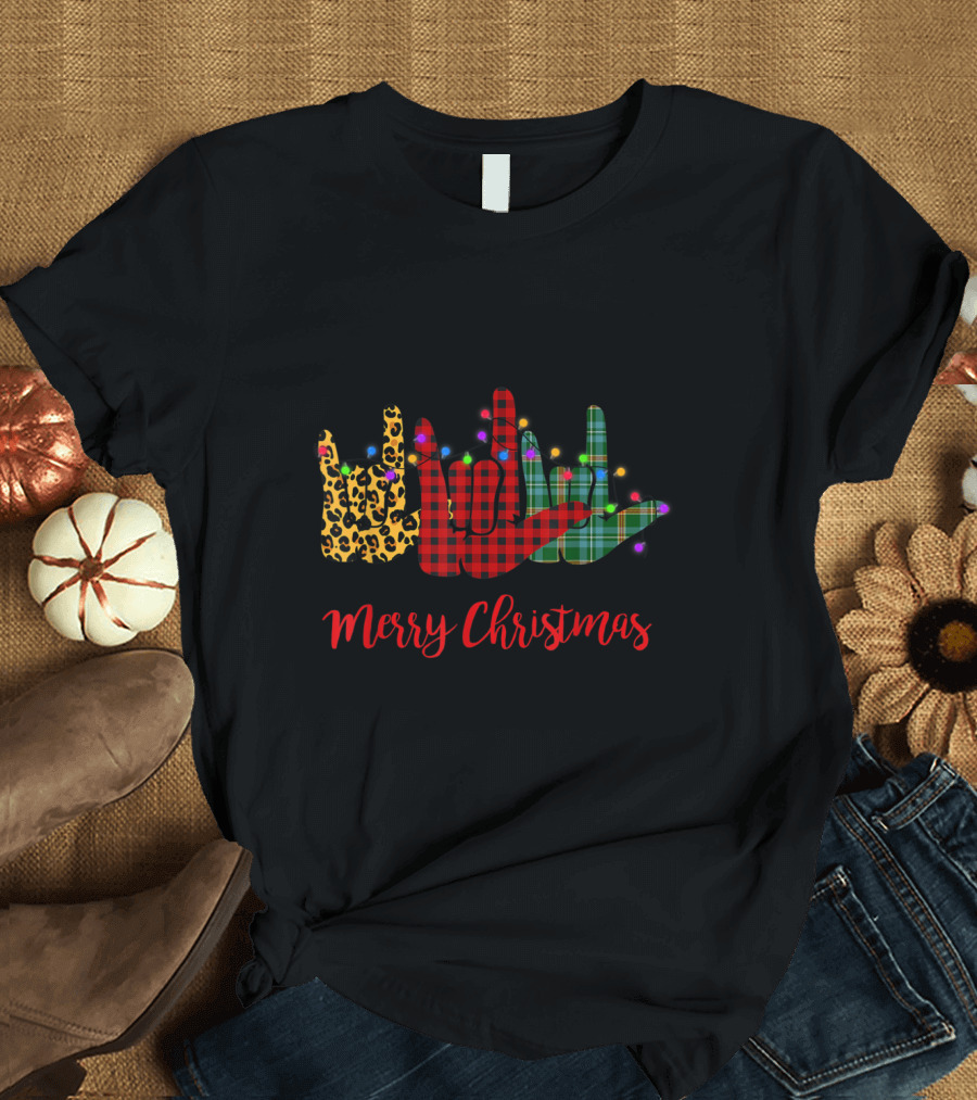 Merry Christmas ASL Sign Language Leopard and Plaid with Christmas Lights T-Shirt
