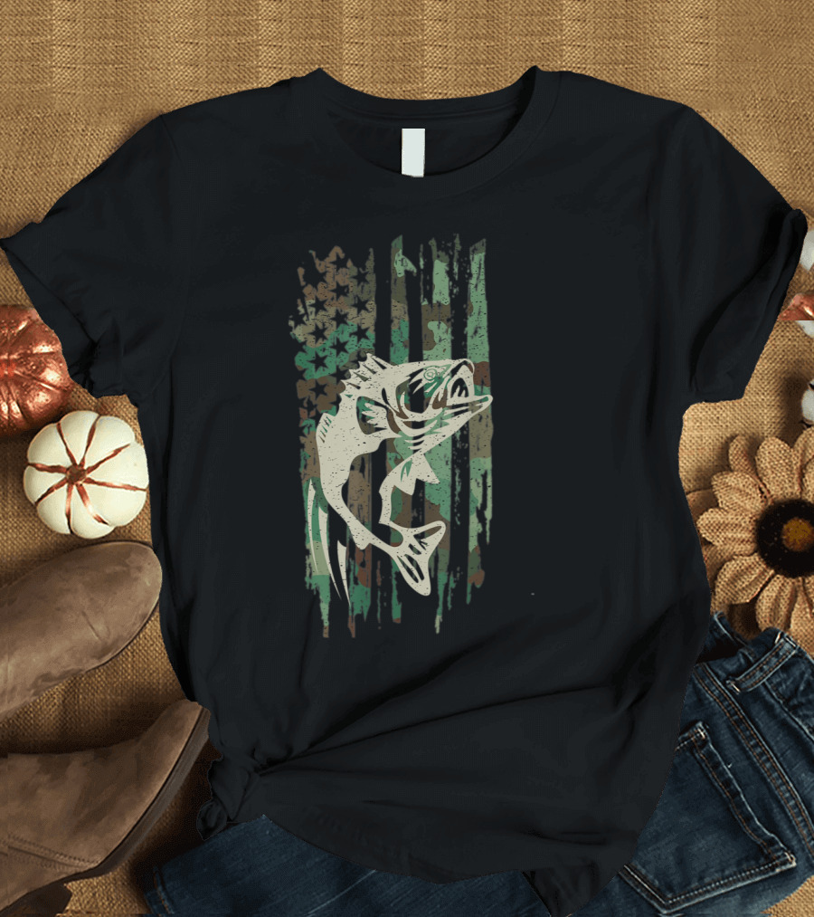 Camouflage Bass Fishing American Flag T-Shirt