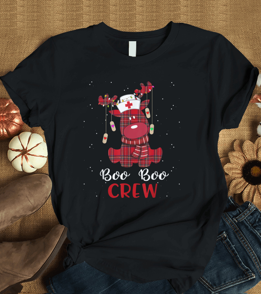Reindeer Buffalo Plaid Boo Boo Crew Nurse Bandages T-Shirt