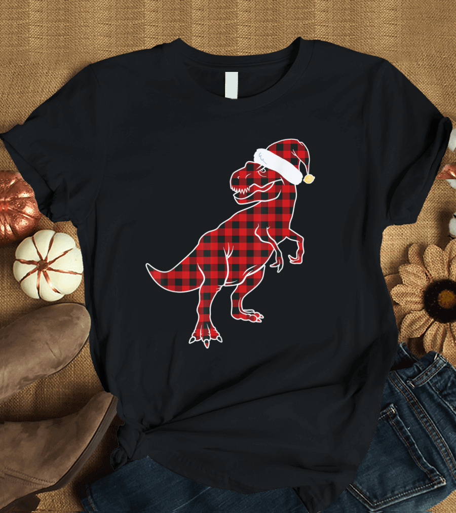 Red Plaid Dinosaur Santa Hat Christmas Buffalo Matching Family T-Shirt