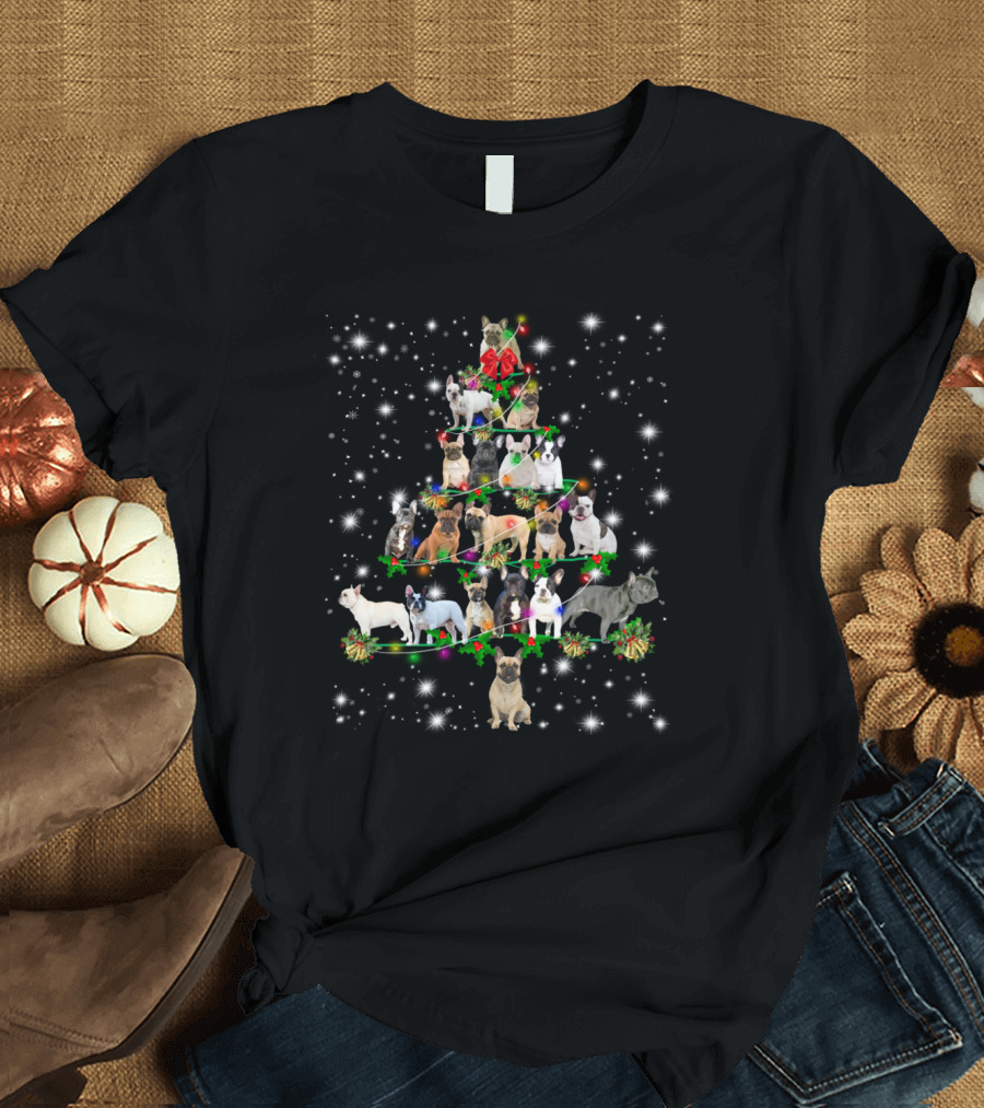 Christmas Tree Made of Funny French Bulldogs with Festive Decorations T-Shirt