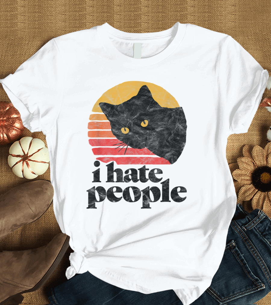 I Hate People Funny Vintage Style Cat Retro Sunset T-Shirt