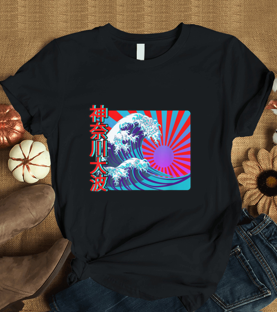 Kanagawa Hiroshige Big Wave 90s Hot Colors Kanji Rising Sun T-Shirt
