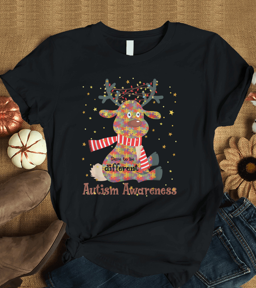 Autism Awareness Dare to Be Different Christmas Reindeer T-Shirt