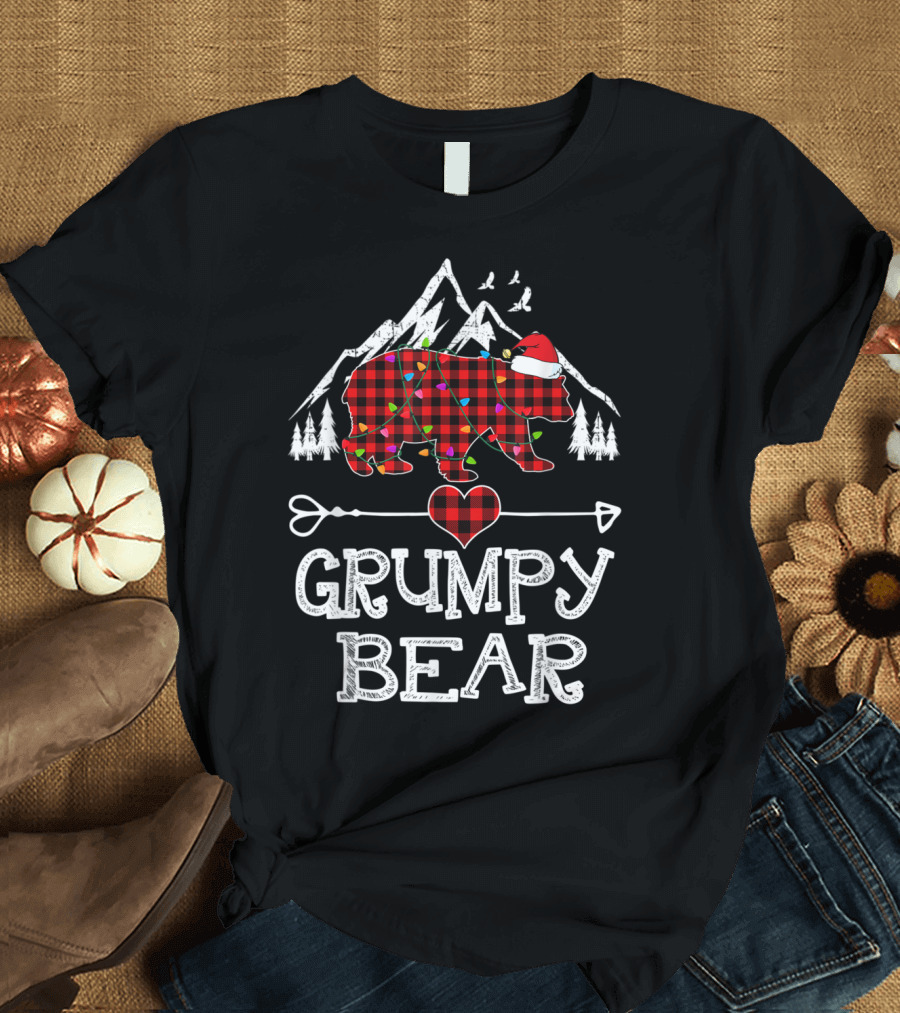 Grumpy Bear Christmas Red Plaid Buffalo Arrow Heart Santa Hat Mountains Trees T-Shirt