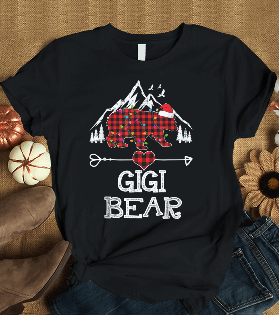 Gigi Bear Christmas Red Plaid Buffalo Heart Santa Mountain Forest Lights T-Shirt