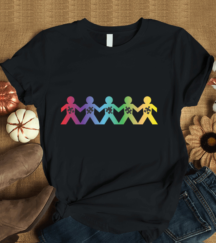 Autism Puzzle Piece Rainbow Unity Paper Dolls T-Shirt