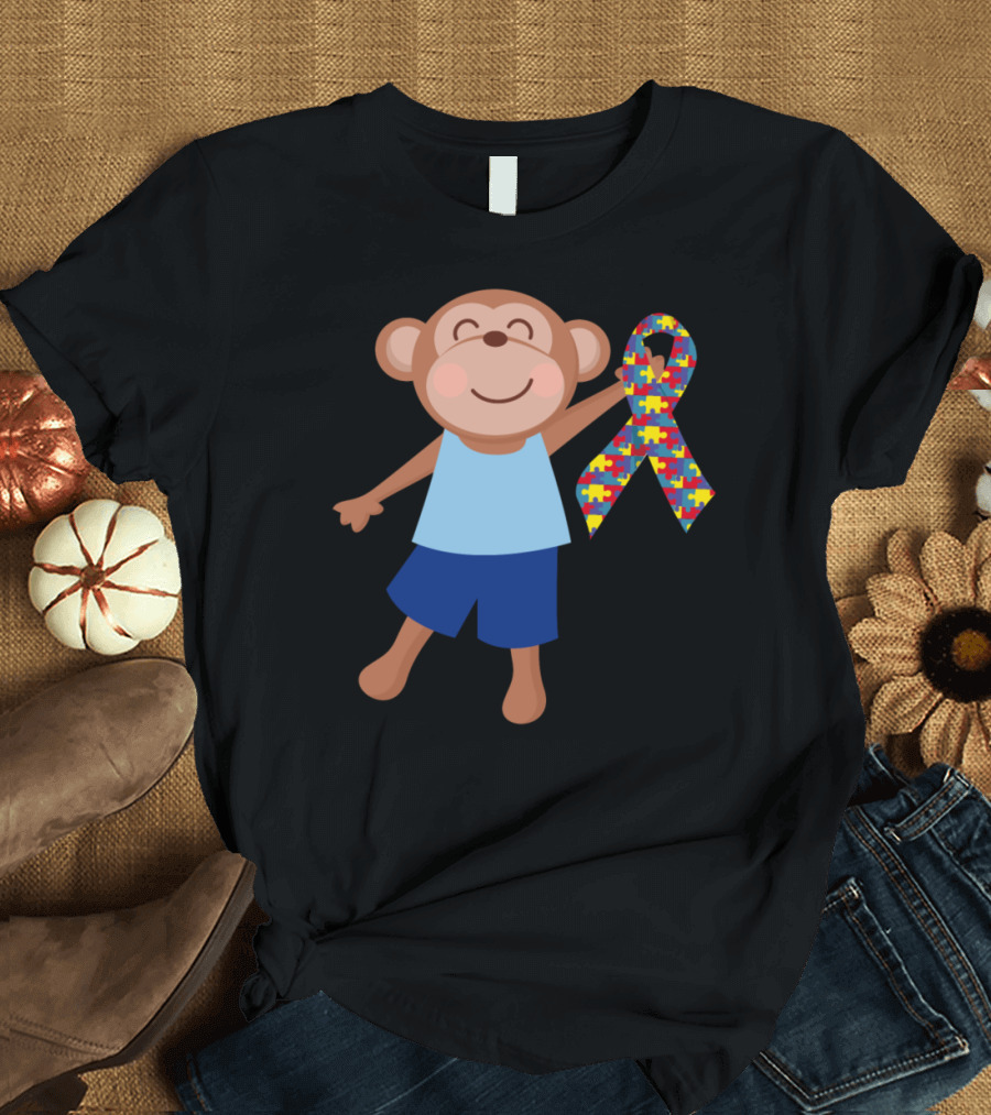 Autism Puzzle Ribbon Monkey T-Shirt