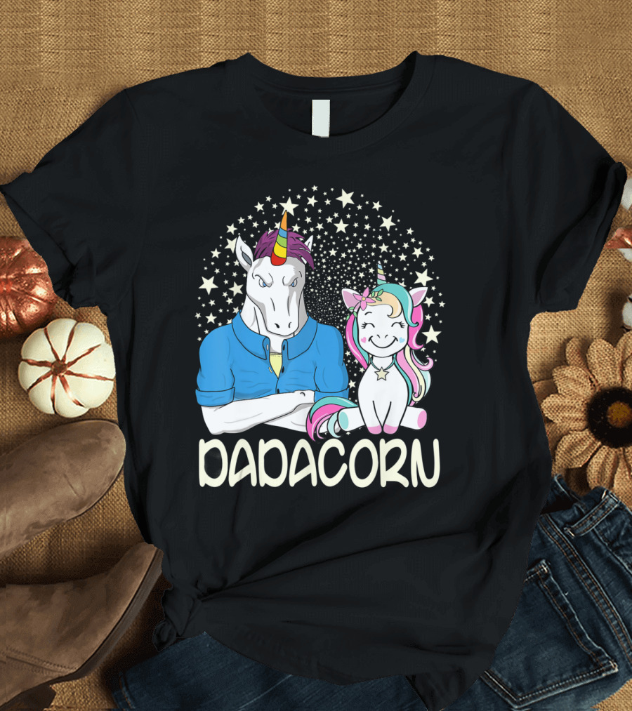 Dadacorn Unicorn Dad And Baby Stars and Colorful Horns T-Shirt