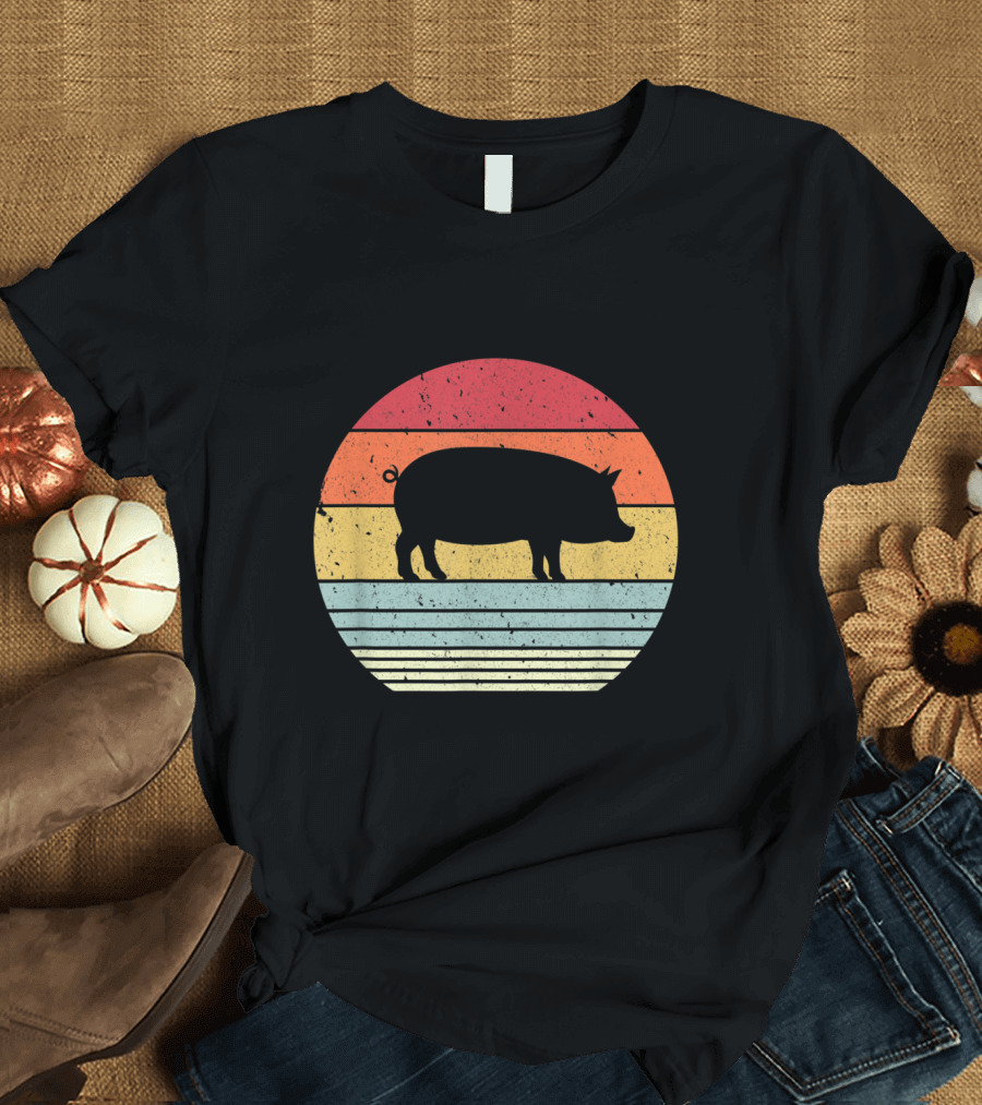 Retro Pig Silhouette Sunset Vintage Stripes T-Shirt