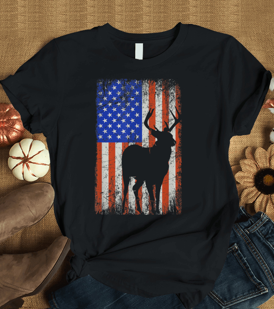 Patriotic Deer Hunter Archery Bow American Flag Hunting T-Shirt