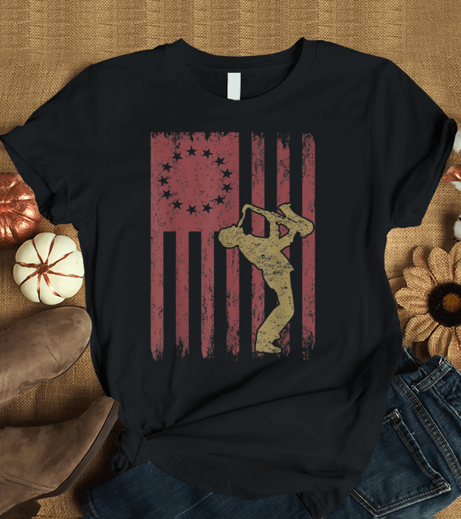 Vintage Betsy Ross Flag Musician Silhouette Proud American Trumpet Player T-Shirt