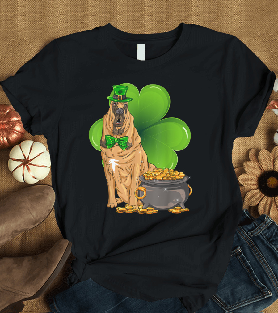 Bloodhound Leprechaun with Shamrock and Pot of Gold T-Shirt