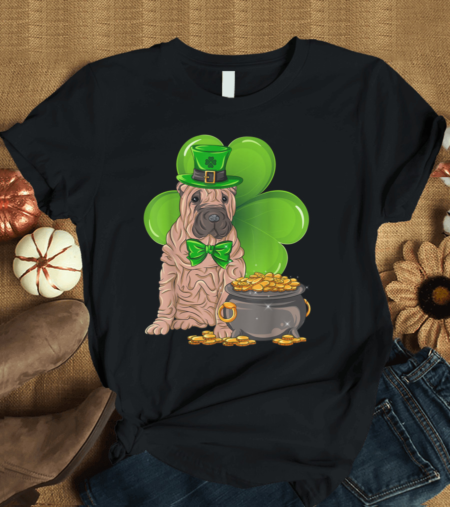 Chinese Shar Pei St Patricks Day Leprechaun with Pot of Gold and Clover T-Shirt