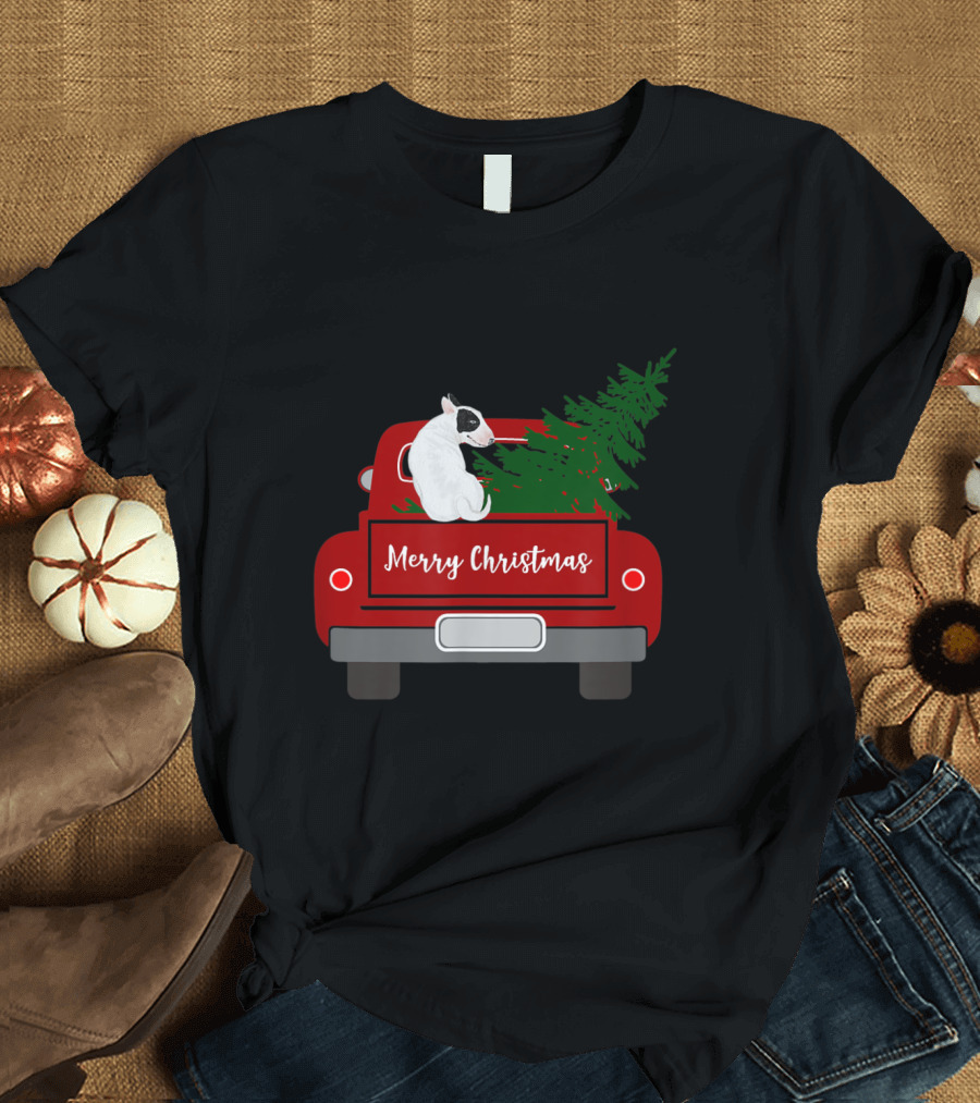Merry Christmas Cute Bull Terrier in Red Truck with Tree T-Shirt