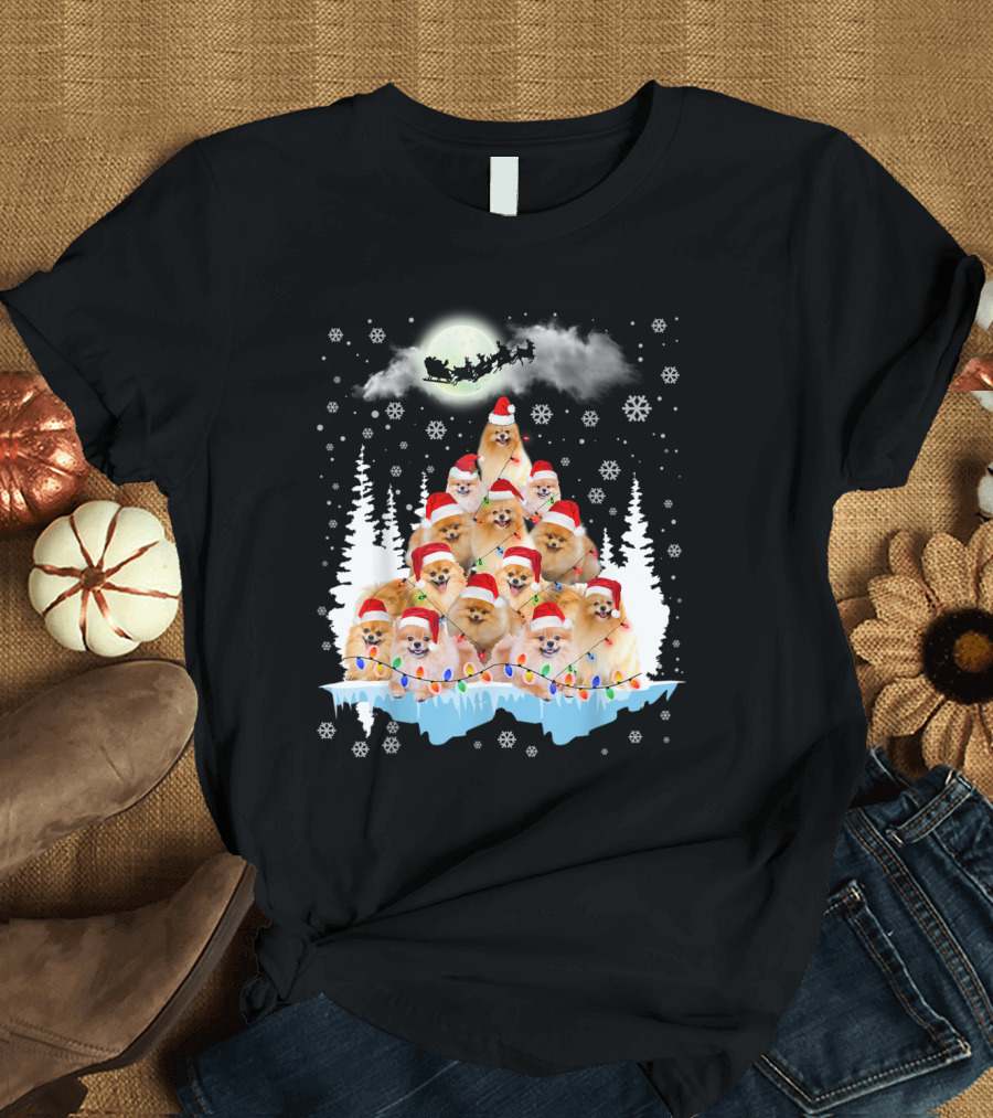 Santa Hat Pomeranians Christmas Tree Snowflakes Moon and Sleigh T-Shirt