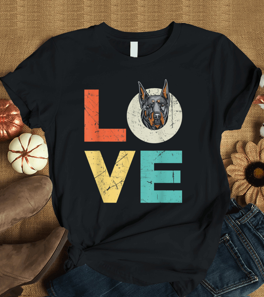Funny Doberman Love Heart Xmas Valentines Day Retro T-Shirt