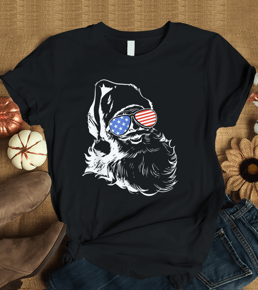 Funny Santa American Flag Sunglasses Patriotic USA T-Shirt
