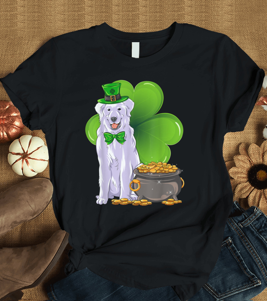Kuvasz Dog with Leprechaun Hat and Shamrock on St Patrick's Day T-Shirt
