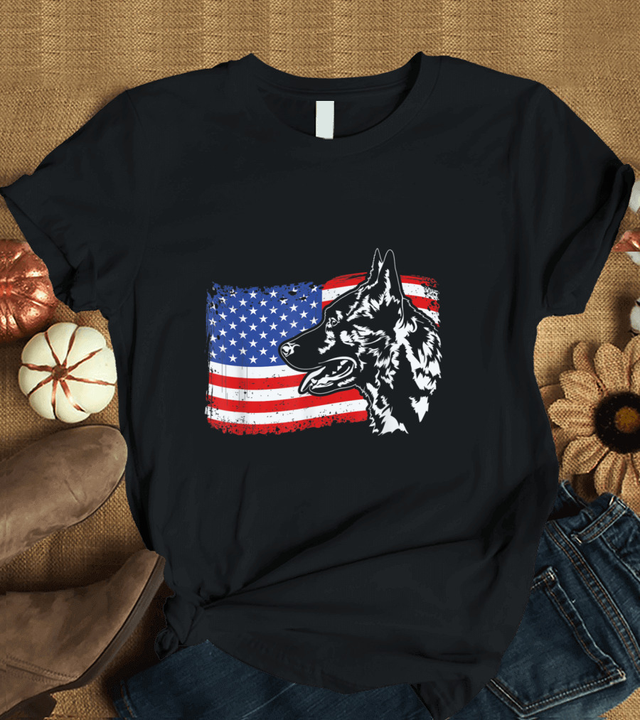 Proud Dutch Shepherd with American Flag Patriotic Dog T-Shirt