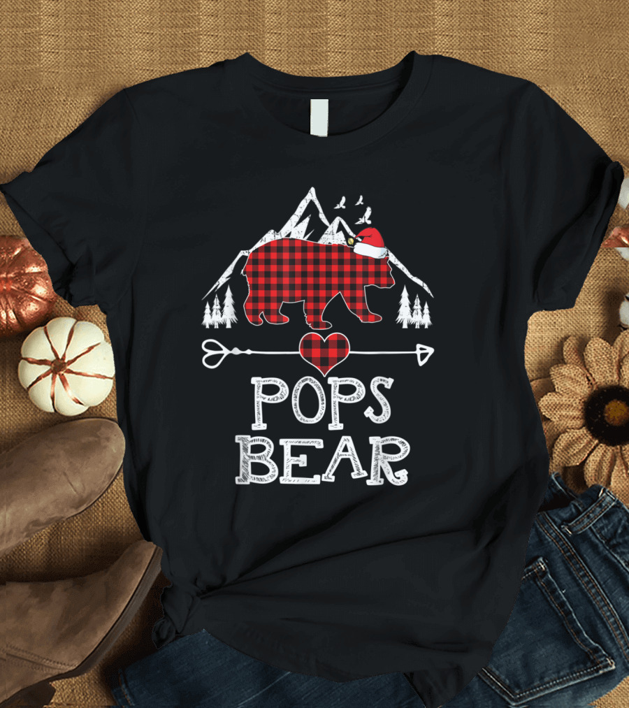 Buffalo Plaid Pops Bear Santa Hat Mountains T-Shirt