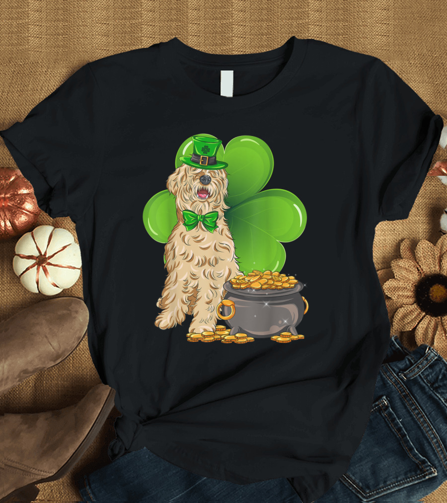 Soft Coated Wheaten Terrier St Patricks Day Leprechaun Dog with Shamrock and Pot of Gold T-Shirt
