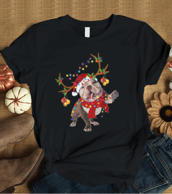 T-Shirt: Tee89s Bully Dog Santa Hat Reindeer Antlers Colorful Christmas Lights T-Shirt Tee89s Bully Dog Santa Hat Reindeer Antlers Colorful Christmas Lights T-Shirt