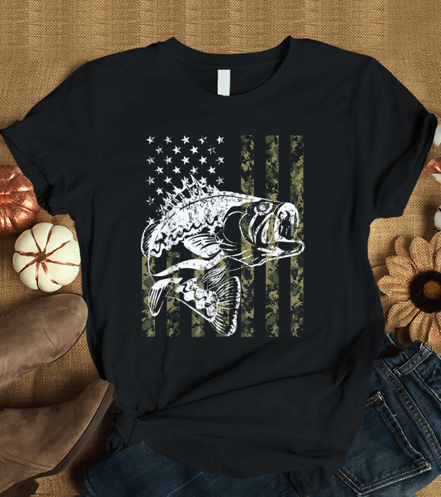 USA Flag Bass Fishing Camouflage T-Shirt