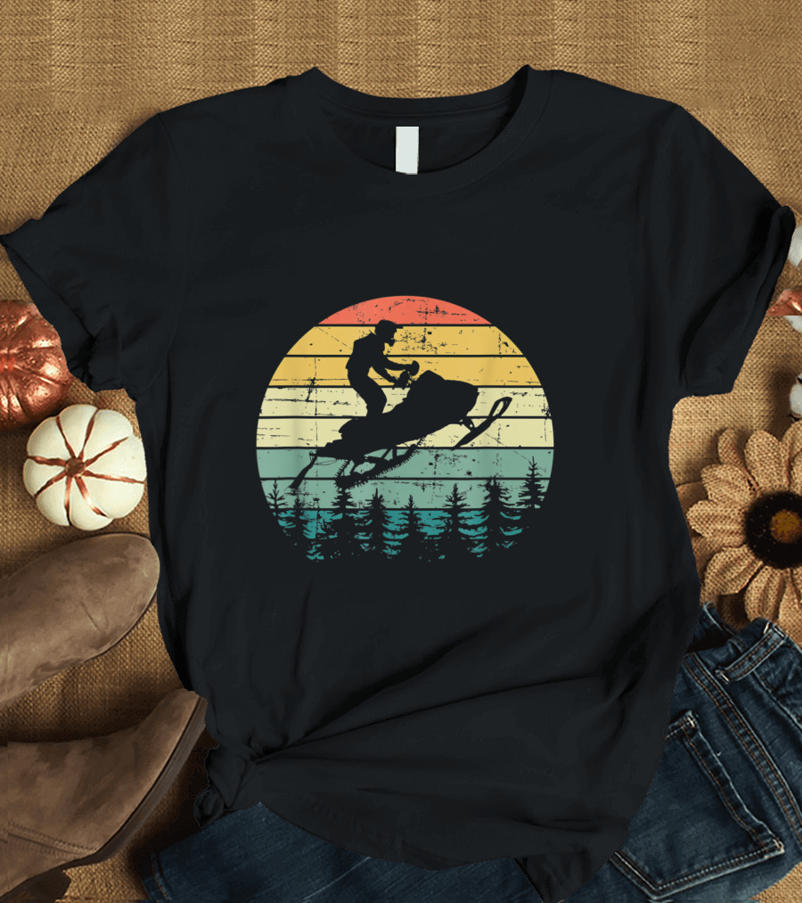 Vintage American Snowmobile Adventure Retro Sunset Sledding Forest T-Shirt