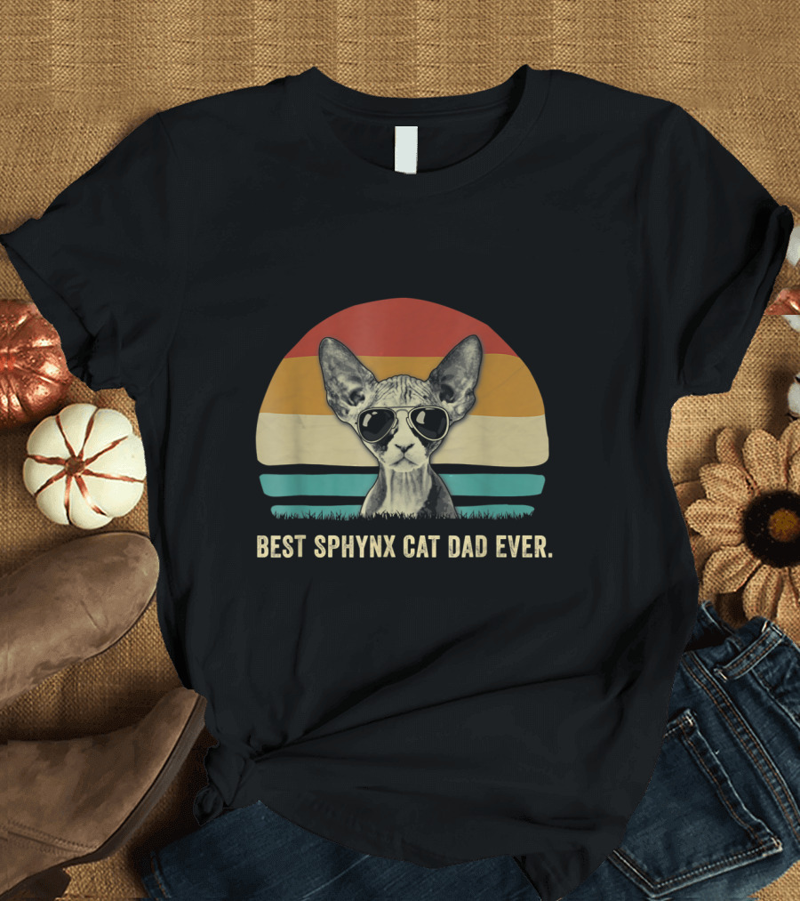 Best Sphynx Cat Dad Ever Vintage Retro Sunset Sunglasses T-Shirt