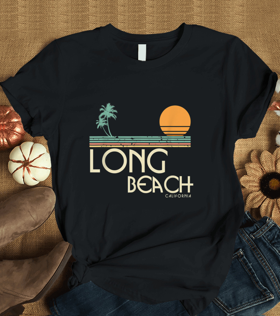 Long Beach California Retro Beach Sunset and Palm Trees Vintage T-Shirt