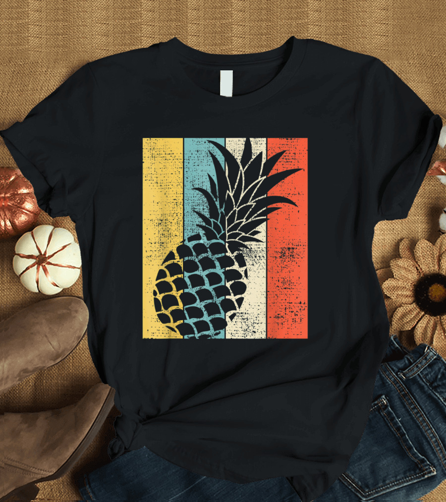Vintage Pineapple Retro Striped Summer Vacation Beach T-Shirt