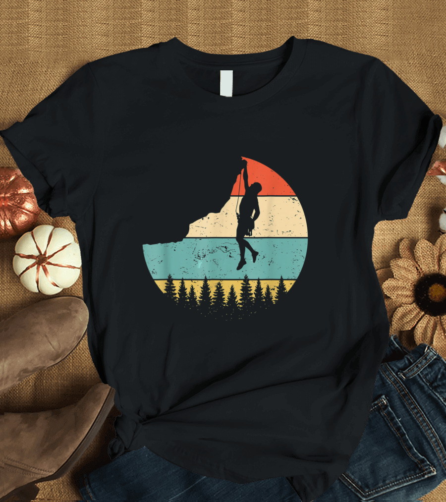 Vintage Rock Climbing Mountain Climber Silhouette Retro Sunset Forest T-Shirt