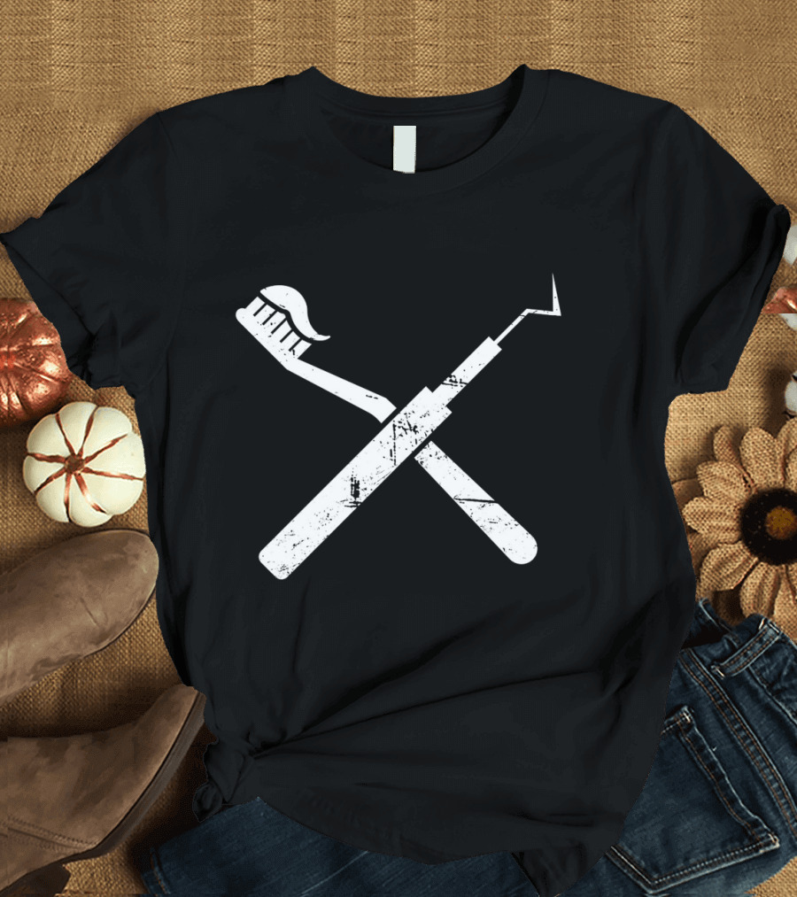 Distressed Crossed Toothbrush and Dental Pick T-Shirt