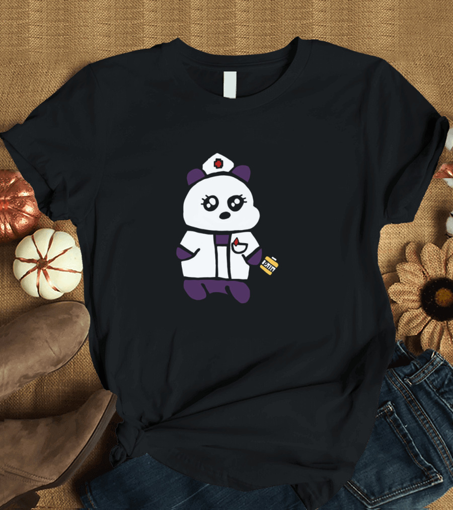 Nurse Panda Holding Syringe and Pill Bottle Dressed in Medical Uniform T-Shirt