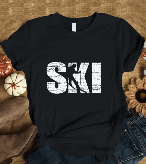 T-Shirt: Distressed Skiing Silhouette for Skiers T-Shirt Distressed Skiing Silhouette for Skiers T-Shirt